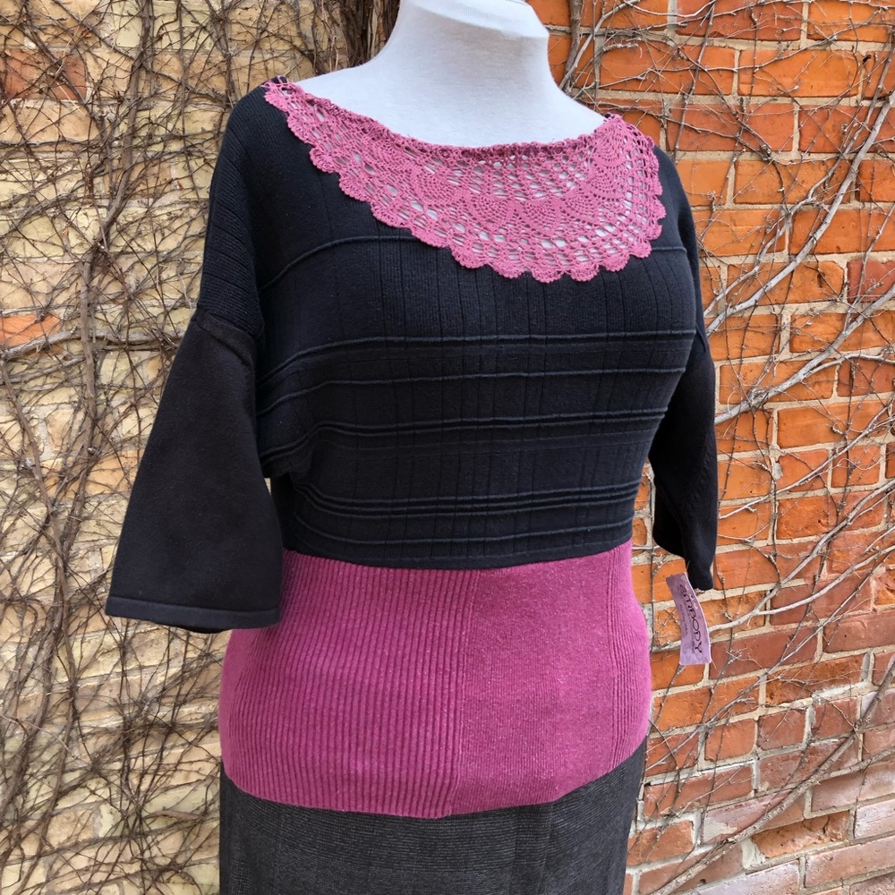 Lace Window Top Upcycled Cotton Knit Shirt Doily Pink Black Embody